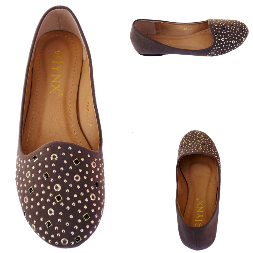 Taupe flat studded round closed toes shoes